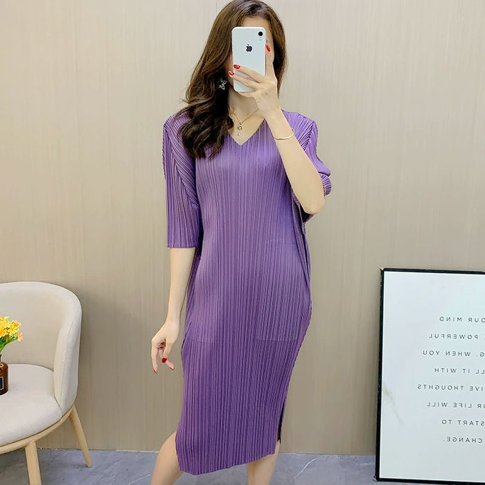 Sanzhai Pleated Loose V Solid Color Dress - CLICK TIK