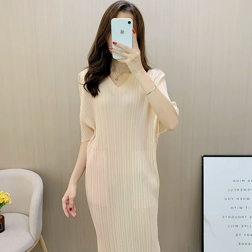 Sanzhai Pleated Loose V Solid Color Dress - CLICK TIK