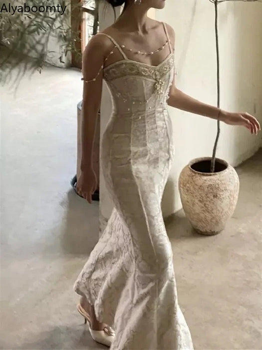 Summer Women Gorgeous Party Mermaid Prom Dress Spaghetti Strap Pearl Beading Ruffles Dress Feminine Backless Trumpet Long Dress - CLICK TIK