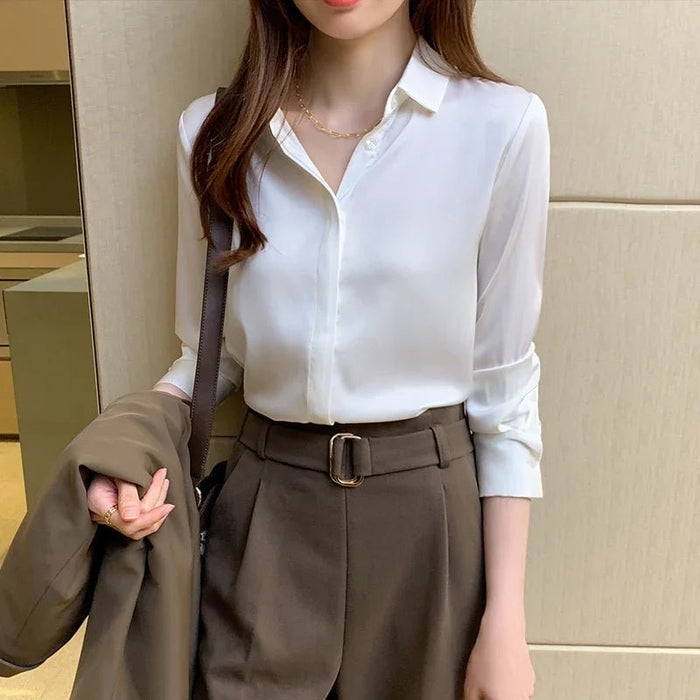 Vintage Blouse Women Autumn Fashion Button Up Satin Silk Shirt White Lady Long Sleeves Female Loose Street Shirts Blusas 12084 - CLICK TIK