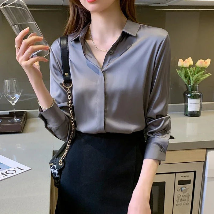 Vintage Blouse Women Autumn Fashion Button Up Satin Silk Shirt White Lady Long Sleeves Female Loose Street Shirts Blusas 12084 - CLICK TIK