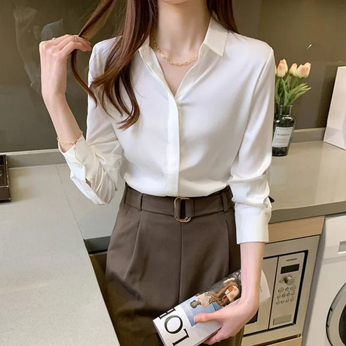 Vintage Blouse Women Autumn Fashion Button Up Satin Silk Shirt White Lady Long Sleeves Female Loose Street Shirts Blusas 12084 - CLICK TIK