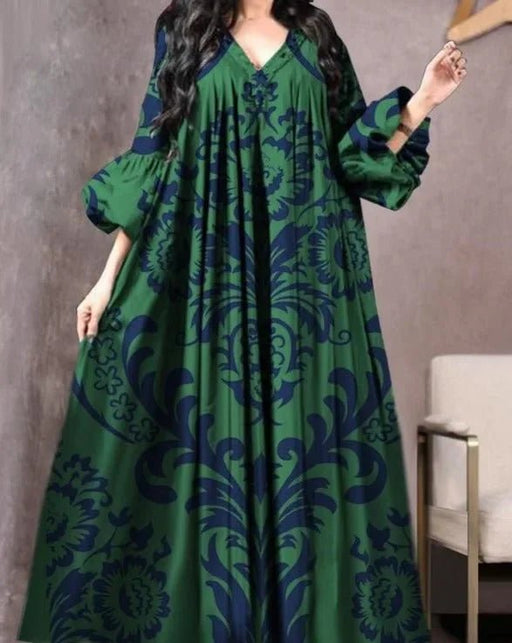 Vintage Printed Dress Women Breathable Loose Middle Eastern Robe Casual Long Sleeve Abaya V - neck Loose Muslim Abayas for Women - CLICK TIK