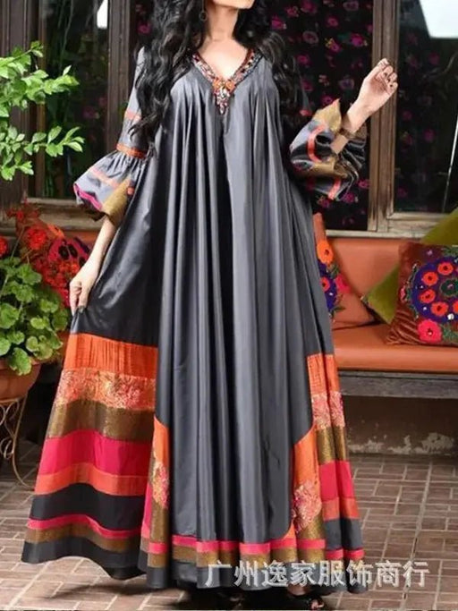 Vintage Printed Dress Women Breathable Loose Middle Eastern Robe Casual Long Sleeve Abaya V - neck Loose Muslim Abayas for Women - CLICK TIK