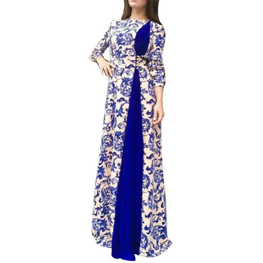 Vintage Summer Autumn Dress Women Muslim Party Flower Dresses Floral Printing 3/4 Sleeve Robe Long Maxi Dress Gown Islam - CLICK TIK