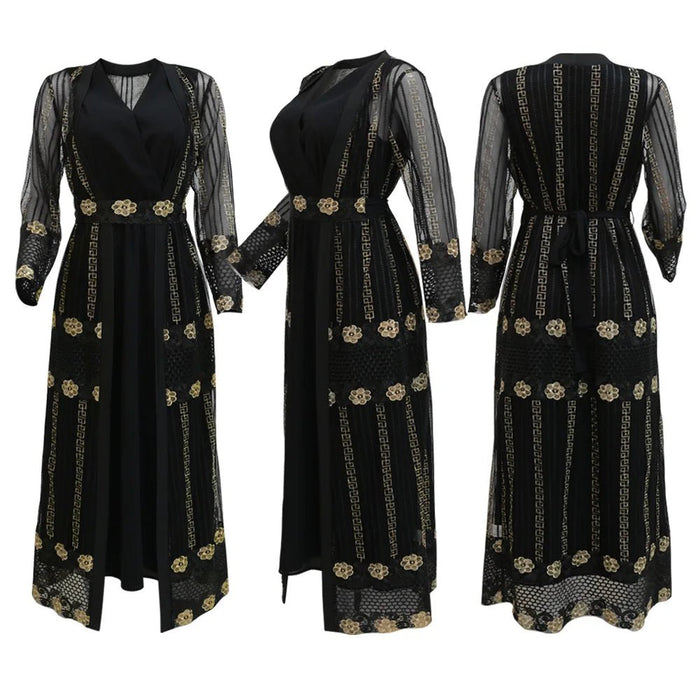 Wepbel Embroidered Muslim Abaya Women Mesh Cloth Coat Chiffon Vest Dress Two Piece Kimono Caftan Dress Set Kaftan Islamic - CLICK TIK