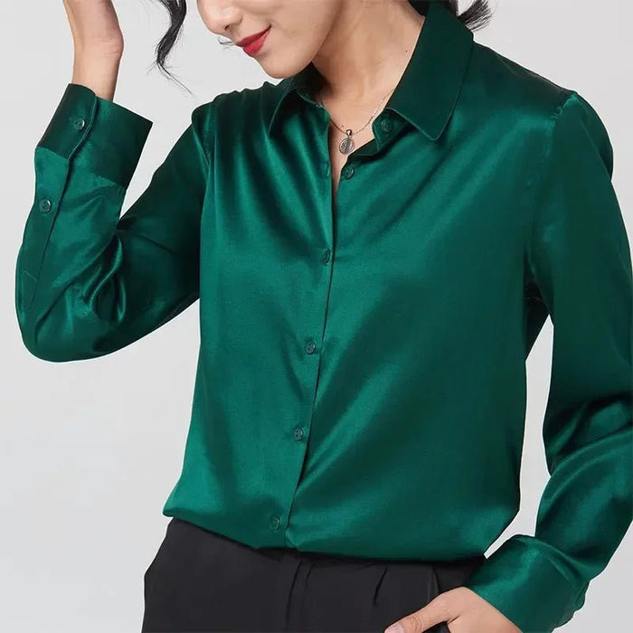 Woman Silk Shirt Long - sleeved Satin Women Blouse 100% 19mm Natural Silk New Mulberry Silk Blouse Loose and Versatile Base Shirt - CLICK TIK