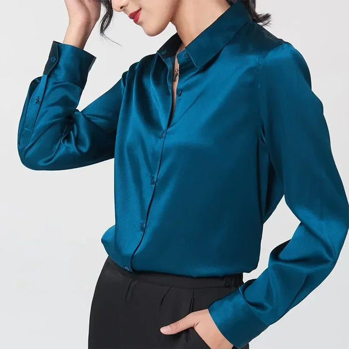 Woman Silk Shirt Long - sleeved Satin Women Blouse 100% 19mm Natural Silk New Mulberry Silk Blouse Loose and Versatile Base Shirt - CLICK TIK