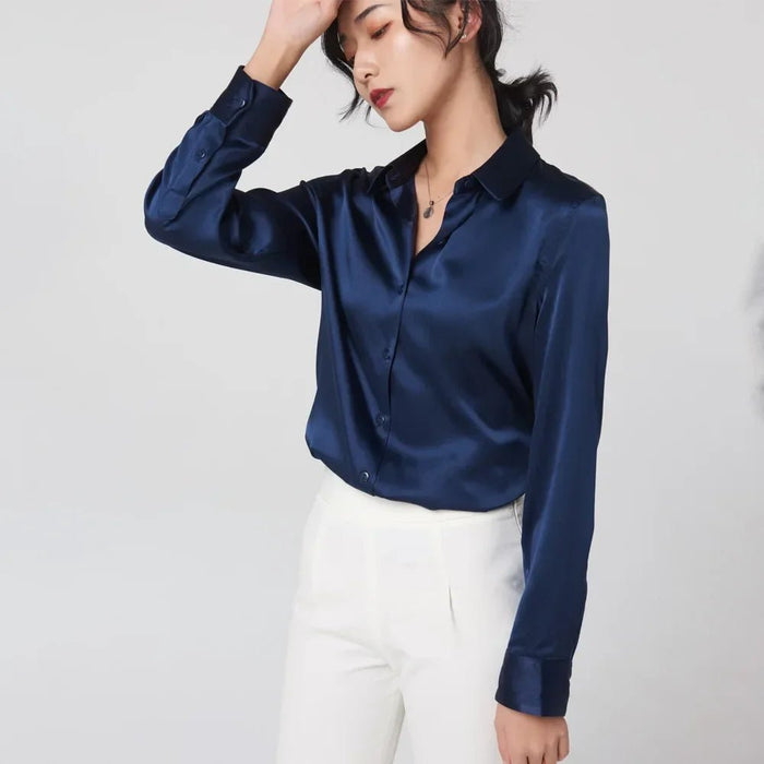 Woman Silk Shirt Long - sleeved Satin Women Blouse 100% 19mm Natural Silk New Mulberry Silk Blouse Loose and Versatile Base Shirt - CLICK TIK