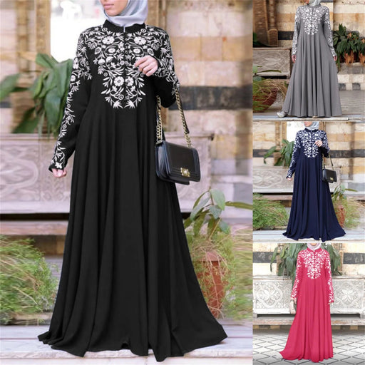 Women's Muslim Long Dresses Oversized Loose Floral Printed Casual Long Sleeved Ramadan Outfit Islamic Dubai Modest Abaya - CLICK TIK