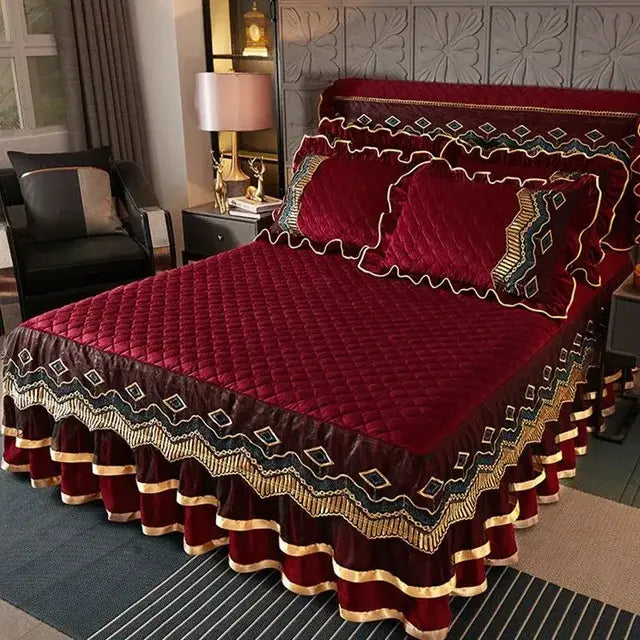 Luxury Winter Crystal Velvet Thicken Quilted Bedspread King Queen Size Flannel Bed Skirt Not Including Pillowcase