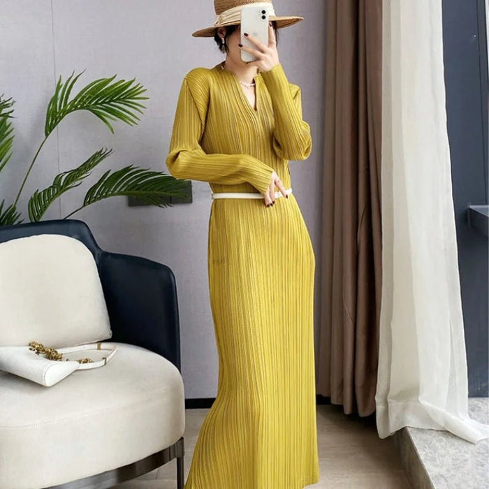 YUDX Miyake Pleated Dresses for Woman 2023 Summer French Female Spring Autumn Long - sleeved ThinTemperament Thin Style Base Skirt - CLICK TIK