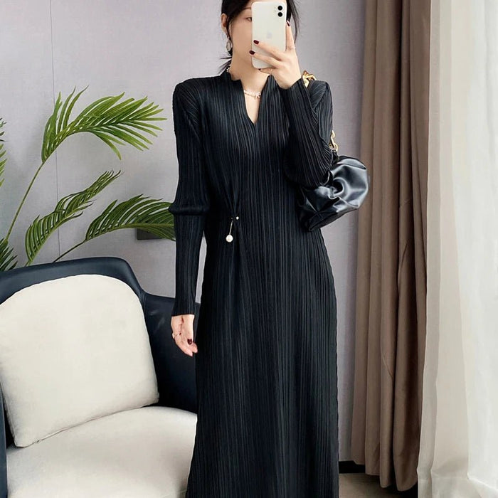 YUDX Miyake Pleated Dresses for Woman 2023 Summer French Female Spring Autumn Long - sleeved ThinTemperament Thin Style Base Skirt - CLICK TIK