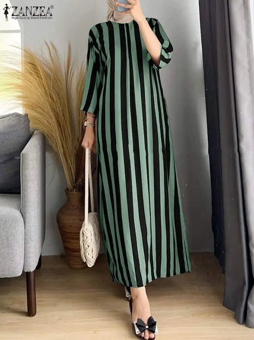 ZANZEA Fashion Turkey Muslim Dress Women O Neck 3/4 Sleeve Vestidos Summer Vintage Striped Sundress Ramadan Abaya IsIamic Cloth - CLICK TIK