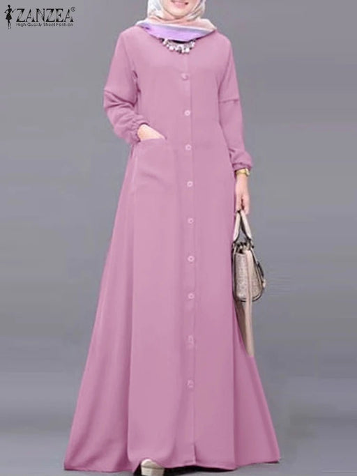 ZANZEA Fashion Women Long Sleeve Muslim Abaya Dress Spring Casual Loose Maxi Vestido Vintage Dubai Turkey Sundress Islamic Cloth - CLICK TIK