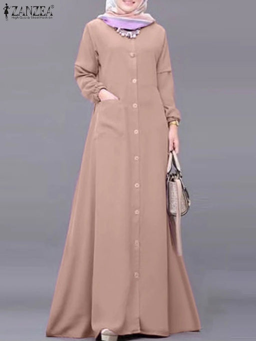 ZANZEA Fashion Women Long Sleeve Muslim Abaya Dress Spring Casual Loose Maxi Vestido Vintage Dubai Turkey Sundress Islamic Cloth - CLICK TIK