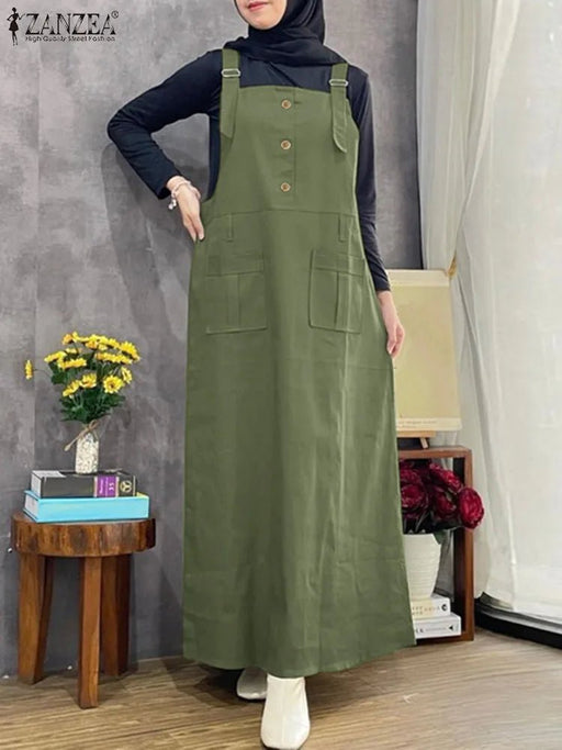 ZANZEA Summer Fashion Cargo Dress Stylish Women Spaghetti Strap Overalls Dress Vintage Solid Muslim Abaya Sundress Islamic Cloth - CLICK TIK