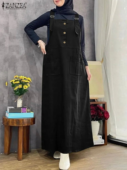 ZANZEA Summer Fashion Cargo Dress Stylish Women Spaghetti Strap Overalls Dress Vintage Solid Muslim Abaya Sundress Islamic Cloth - CLICK TIK